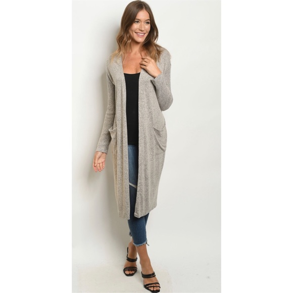 Longline light taupe cardigan with pockets - Picture 2 of 4